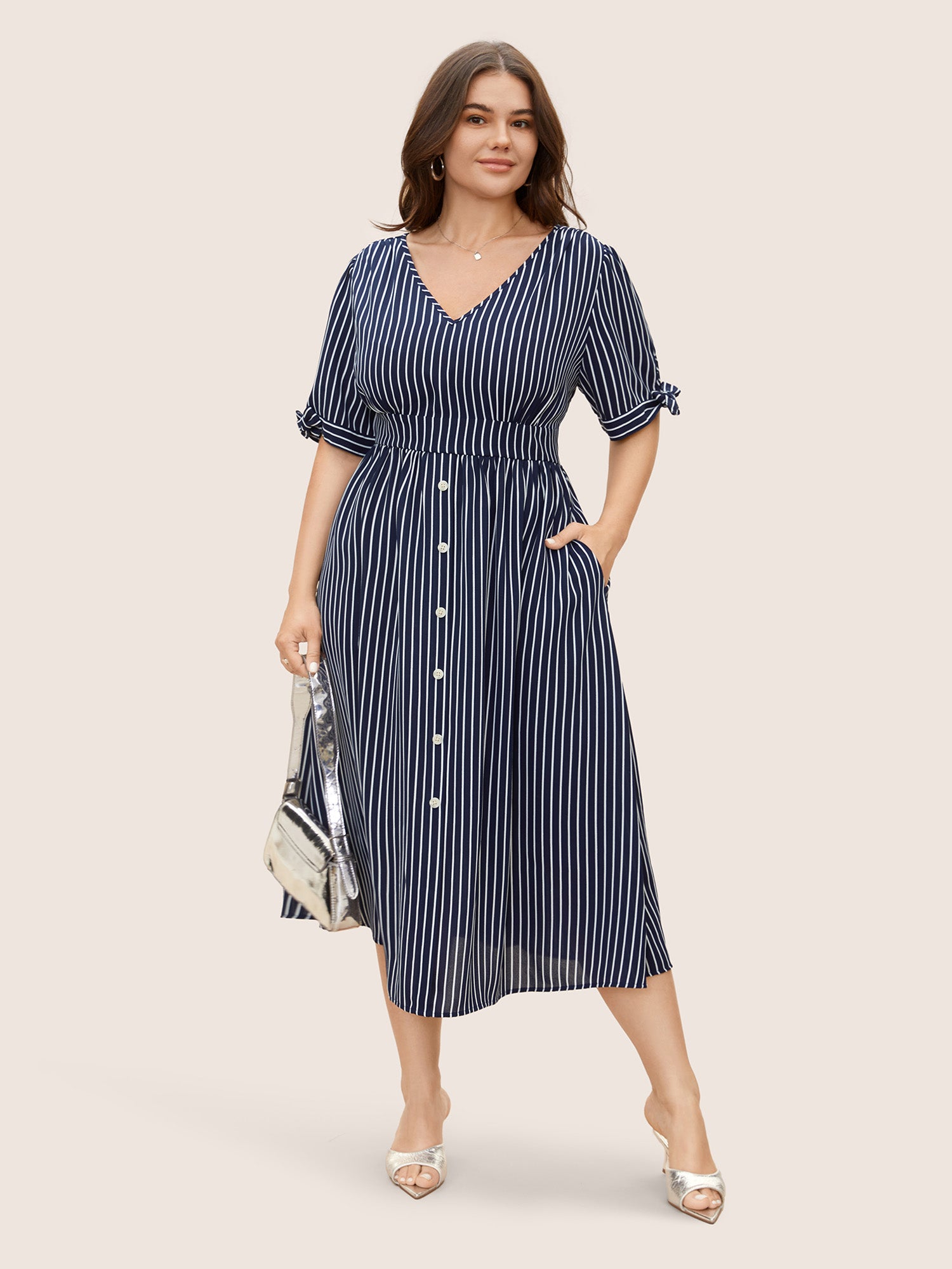 Striped Knot Sleeve Button Detail Dress