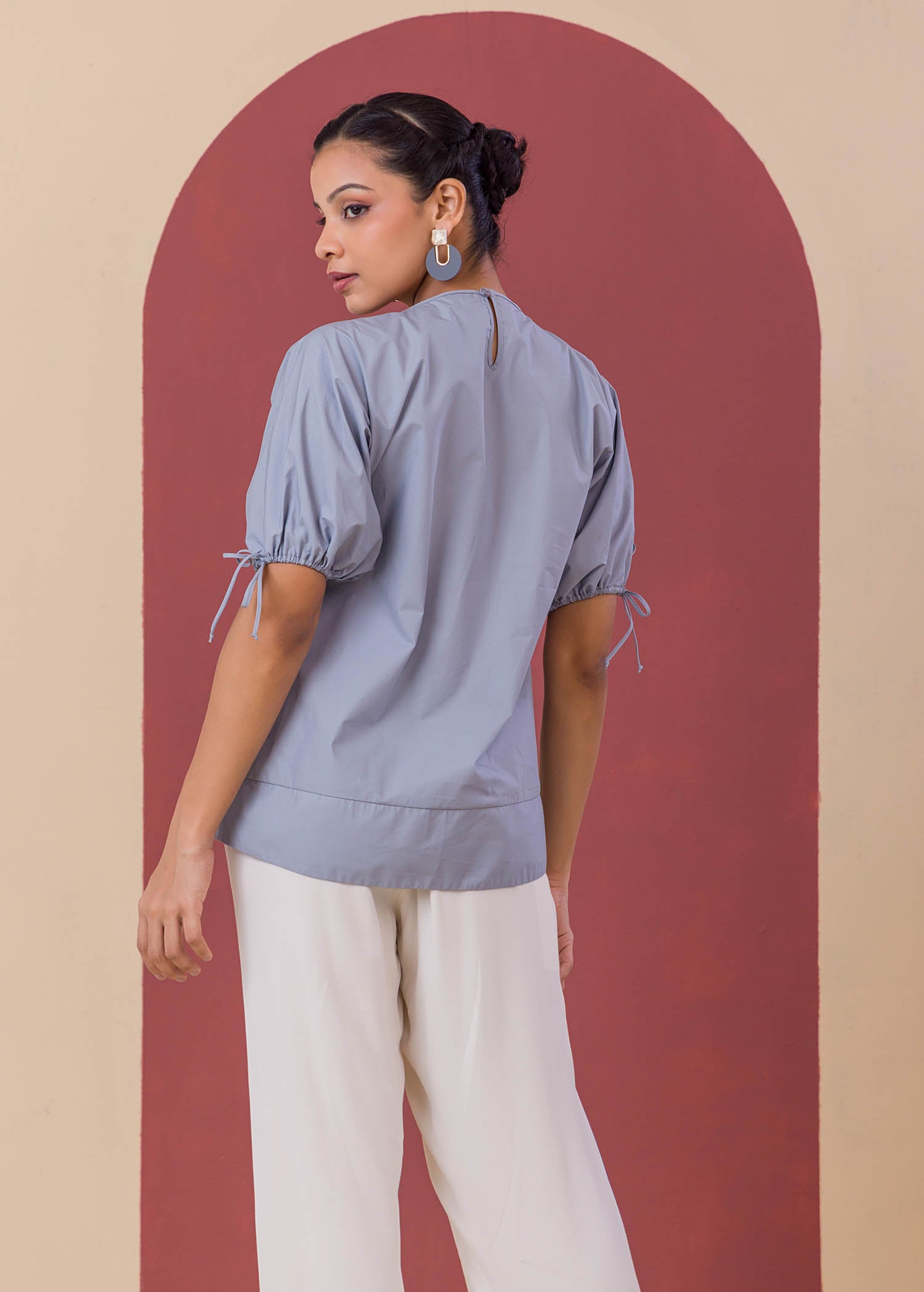 Puff Sleeve Blouse With Front Pleat