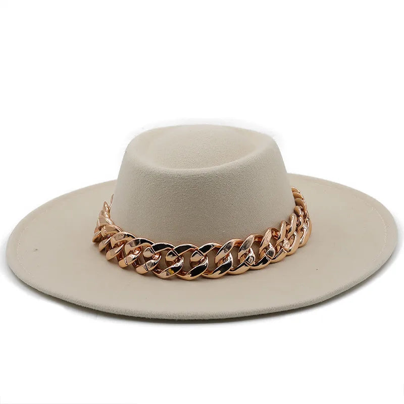 New Retro Ethnic Style 9.5 Brim Wool Woolen Felt Hat Concave Top Men's And Women's Top Hat Large Brim Thick Gold Chain Hat