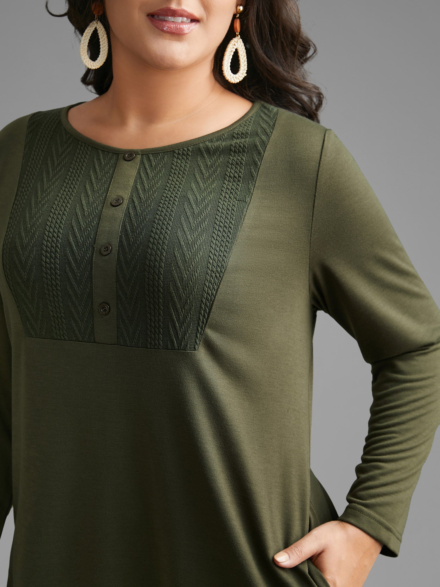 Textured Patchwork Button Detail Midi Dress