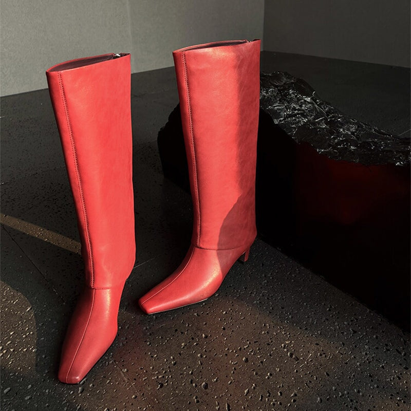Genuine Leather Square Toe Kitten Heel Knee High Boots For Women In Black/Red