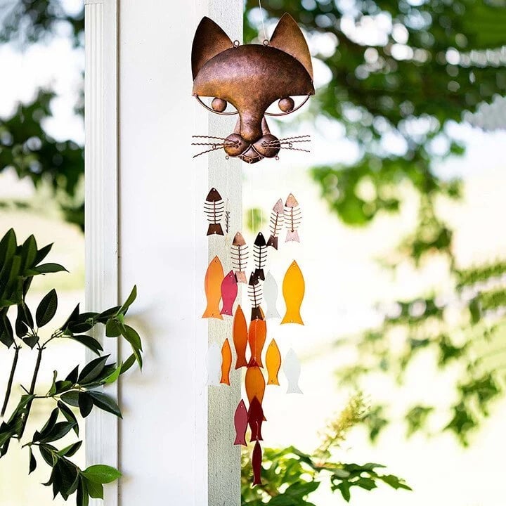 🐱Handcrafted Metal Cat and Recycled Glass Fish Wind Chime🎏