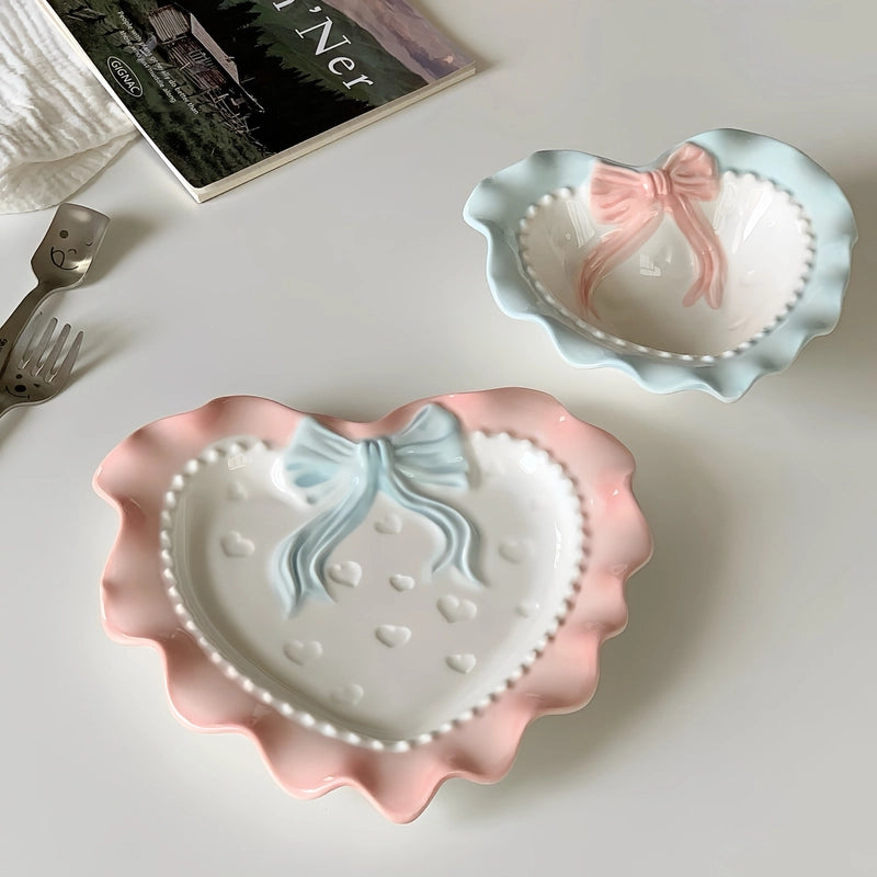 Cute Red Heart Bow Knot Porcelain Plate 1 Piece
