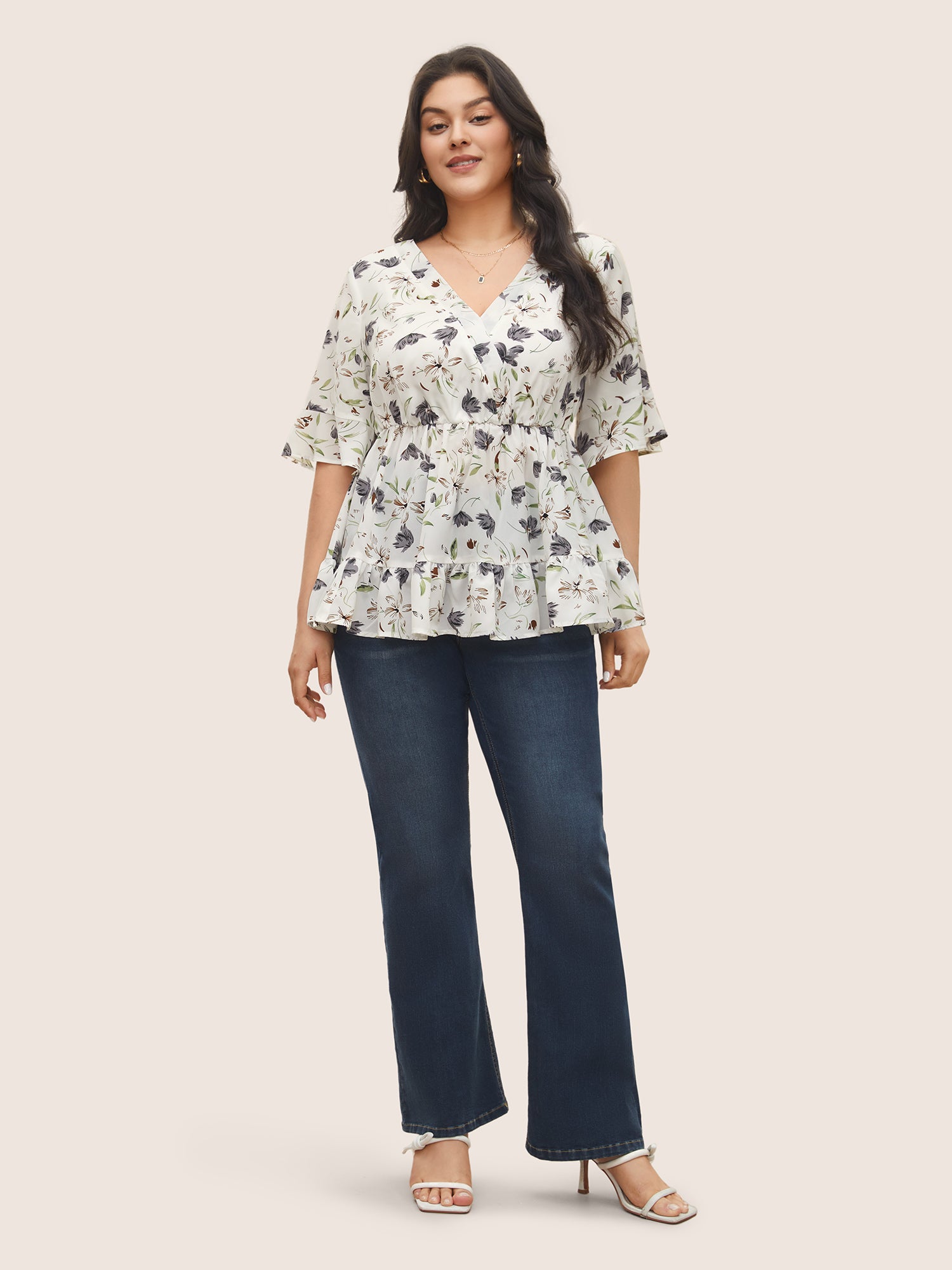 Floral Surplice Neck Ruffles Gathered Blouse