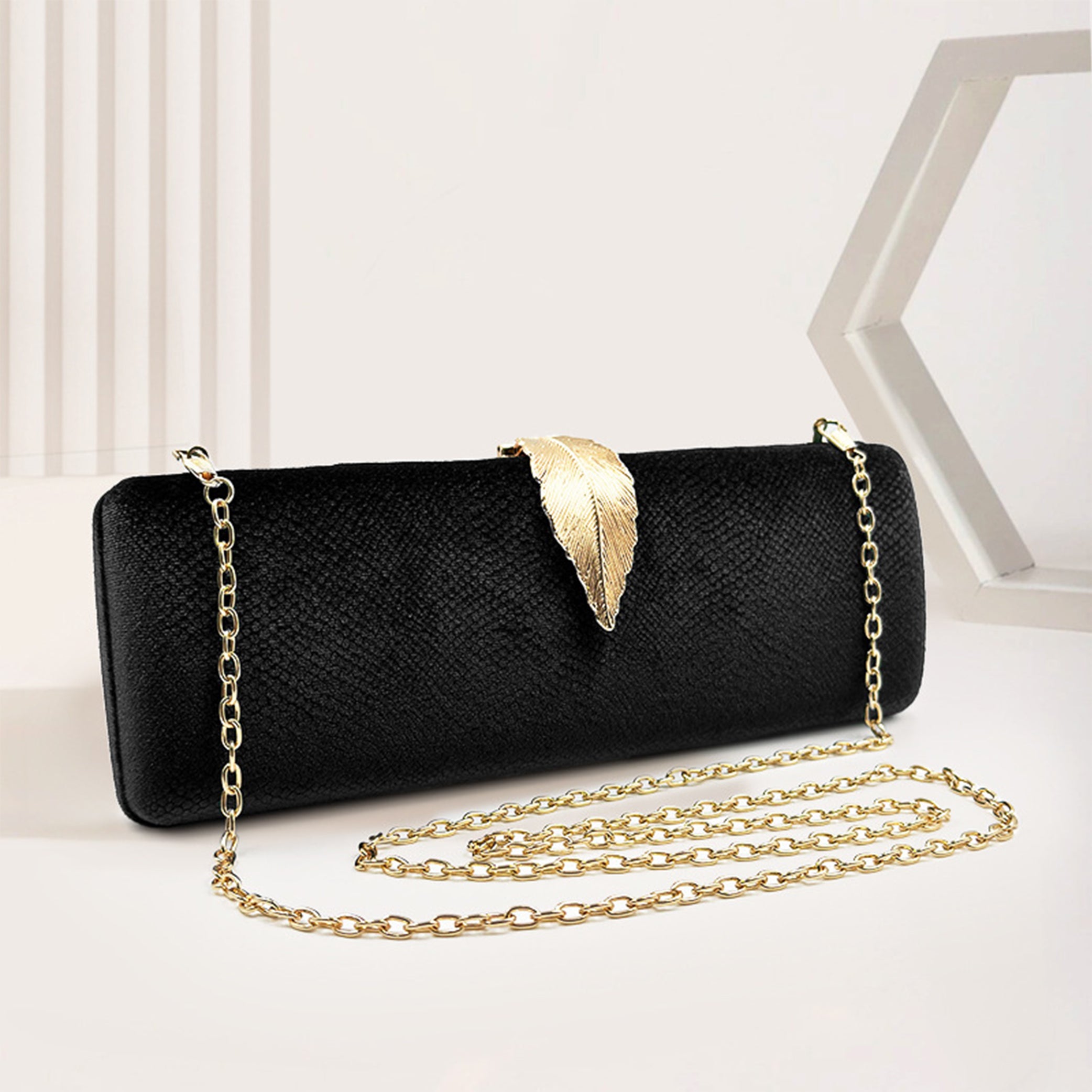 Celebrity Velvet Leaf Buckle Evening Clutch Handbag