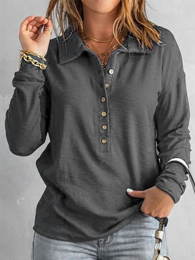 Polo Neck Solid Color Loose Fitting Casual Long Sleeved Knit Shirt