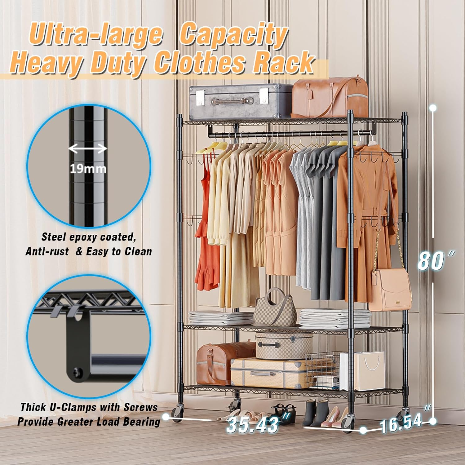 Homdox 3 Tier Heavy Duty Garment Rack with Wheels. Adjustable Wire Clothes Rack with Double Hanging Rods. Portable Closets for Hanging Clothes with Side Hooks. Black