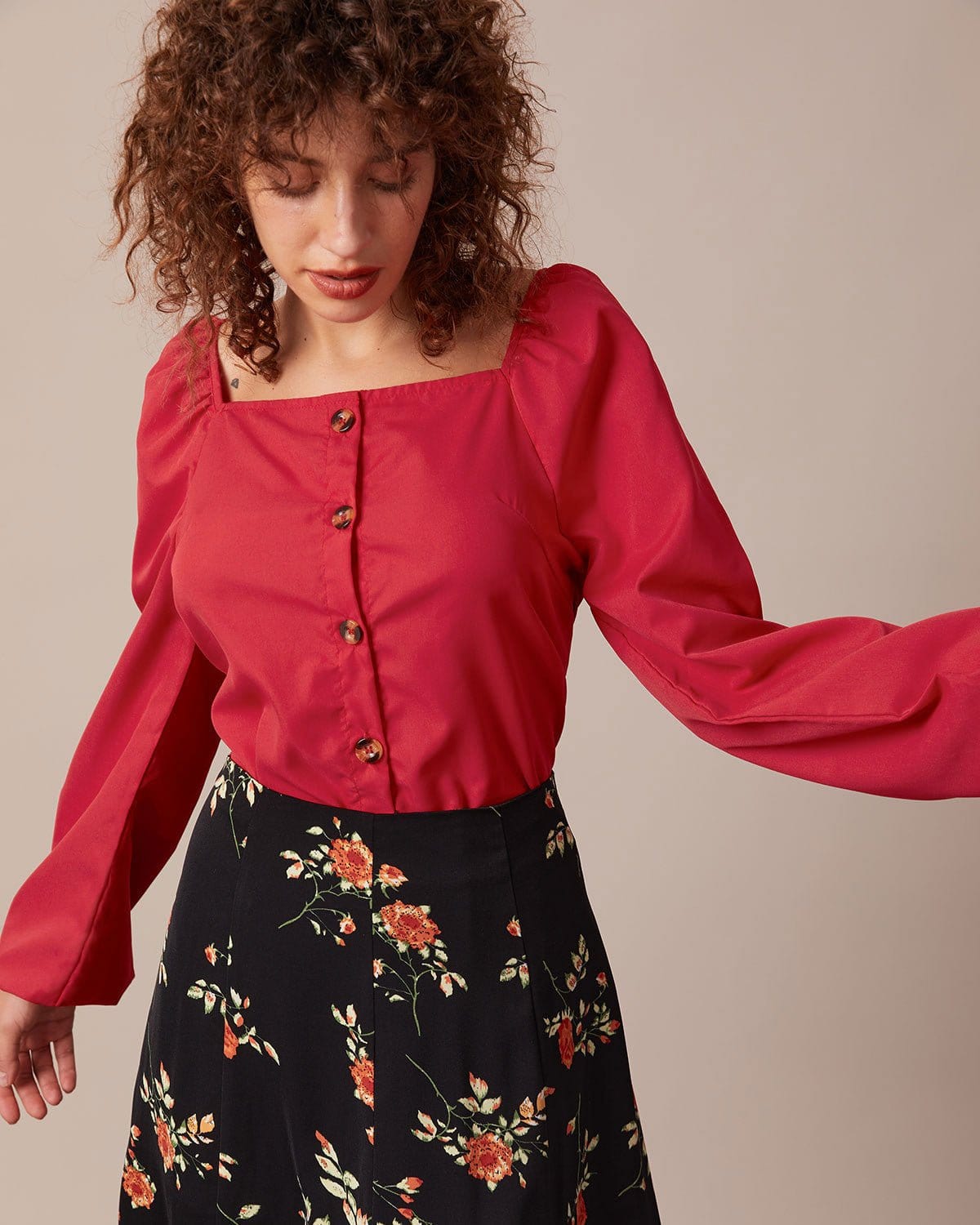 The Red Square Neck Button Puff Sleeve Blouse