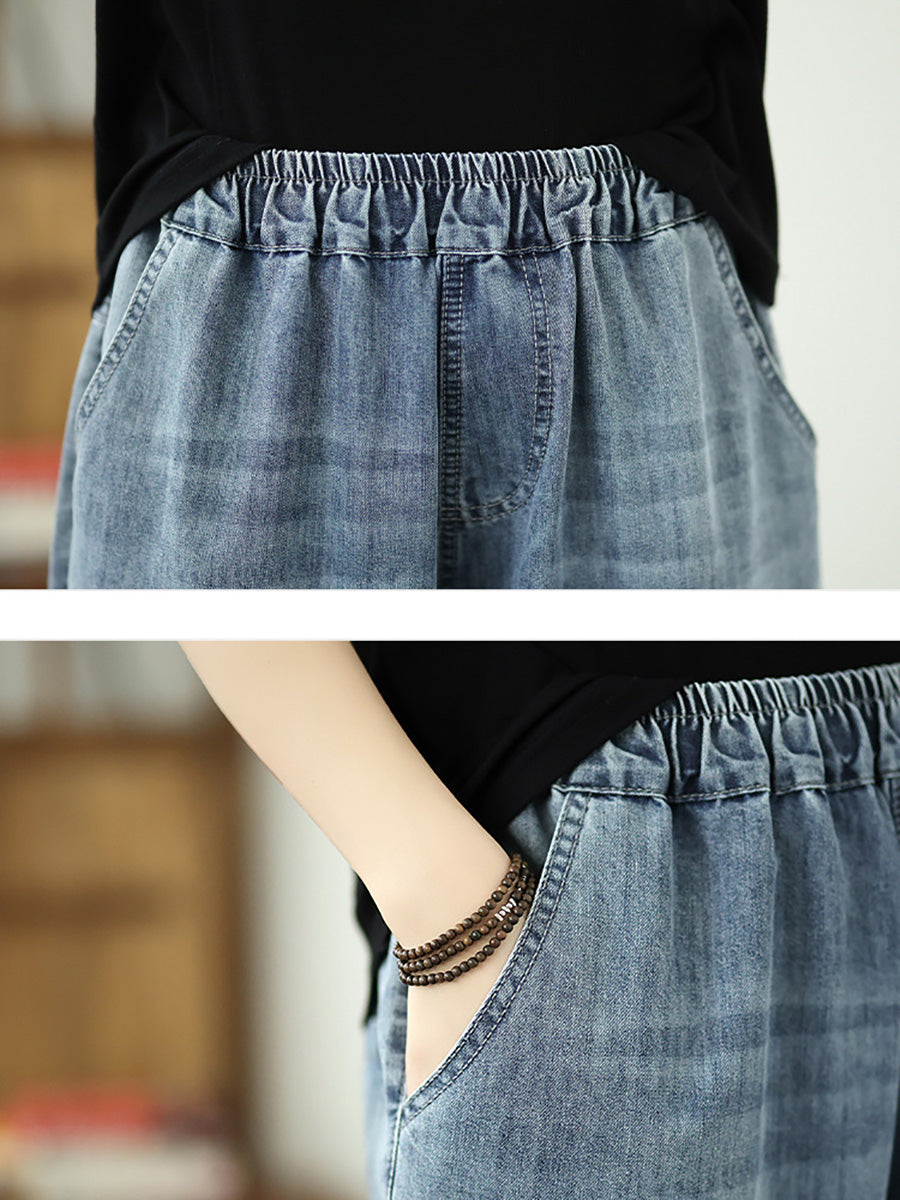 Women Spring Flower Embroidery Denim Harem Pants