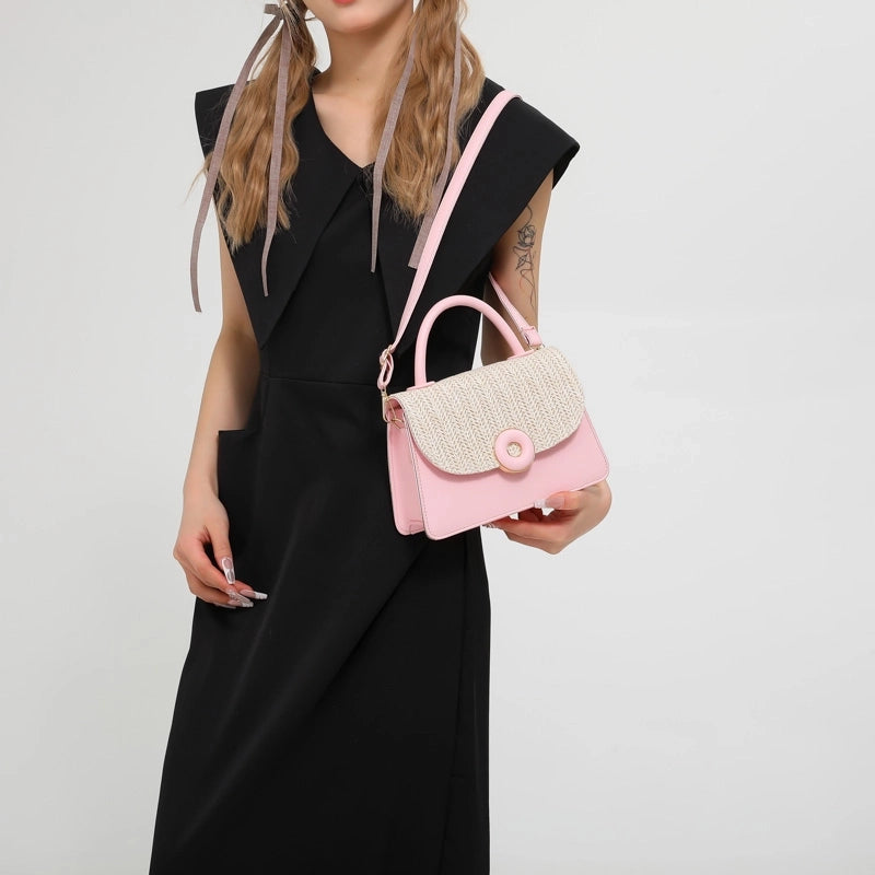 Women's Pu Leather Color Block Classic Style Sewing Thread Zipper Flip Cover Handbag Crossbody Bag