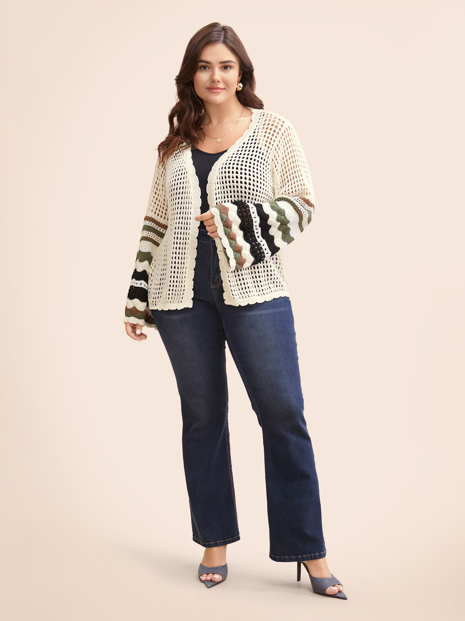 Striped Cut Out Bell Sleeve Cardigan