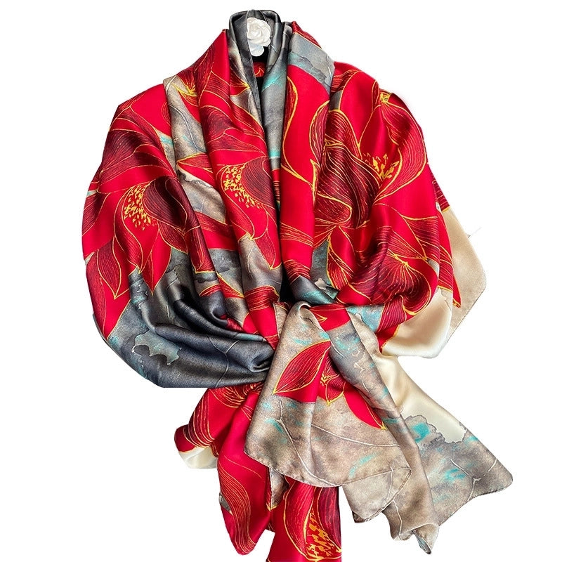 Fashion Red Lotus Simulation Silk Scarf