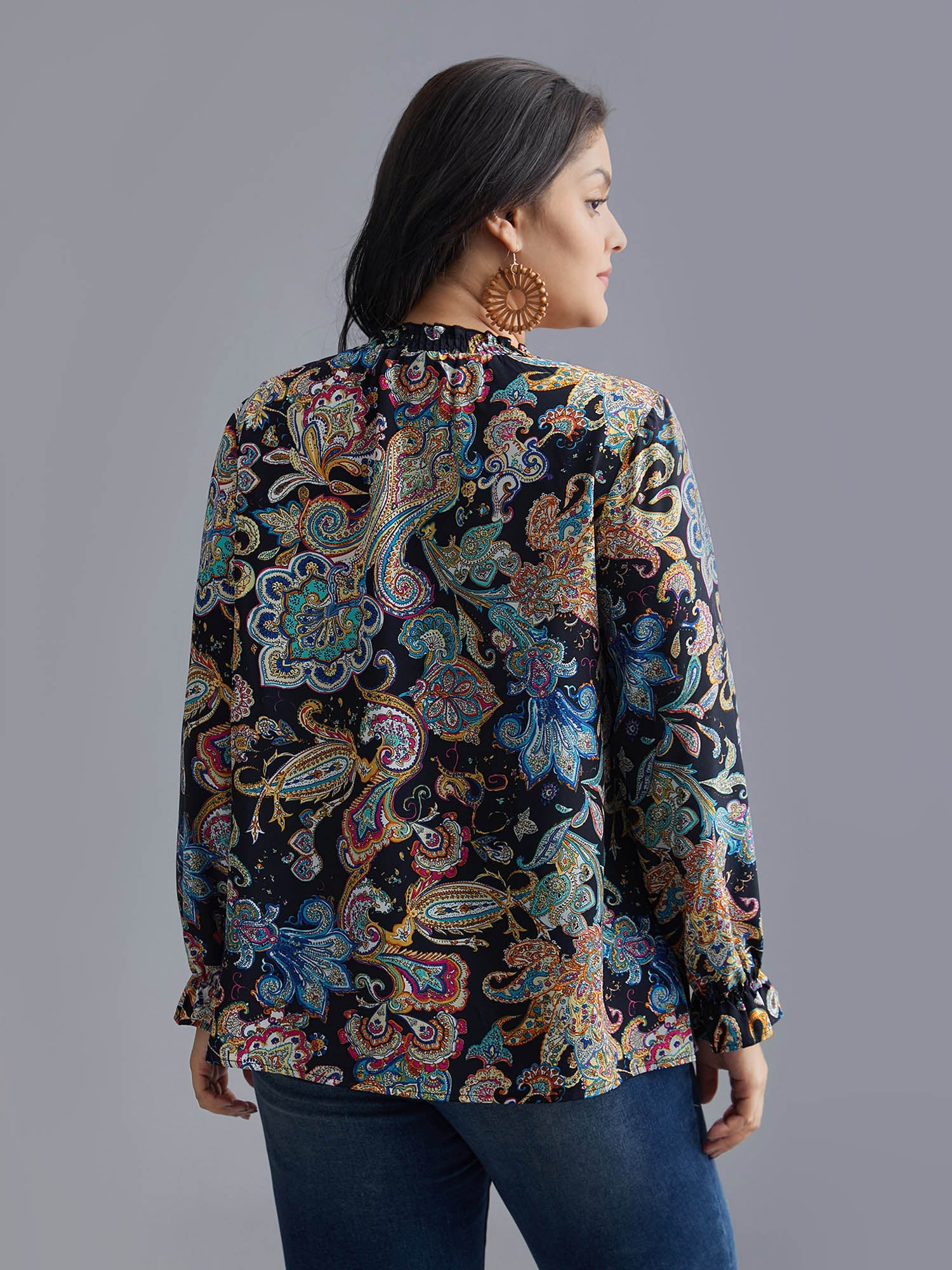Stand Collar Paisley Shirred Blouse