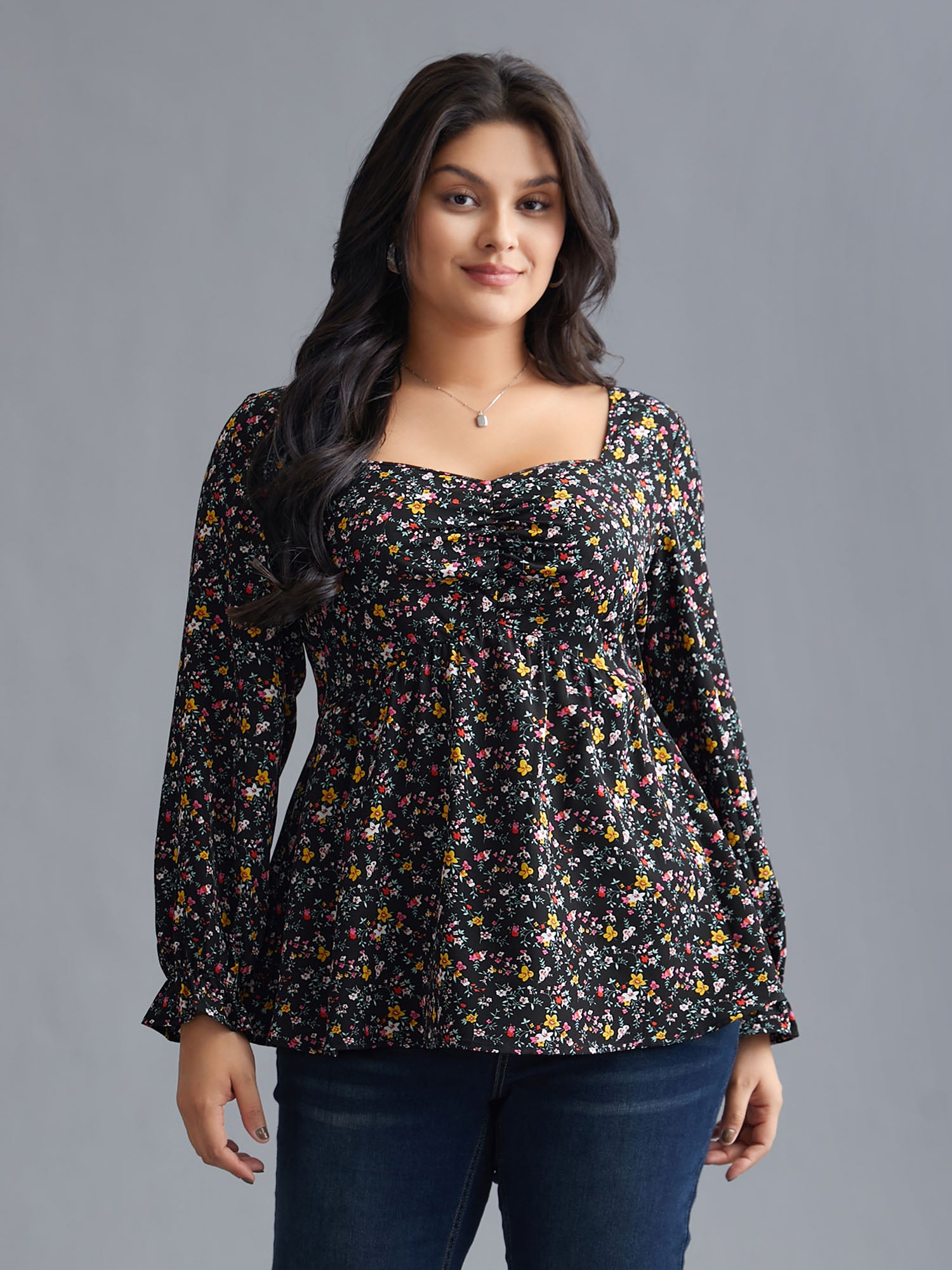 Ditsy Floral Heart Neckline Gathered Blouse