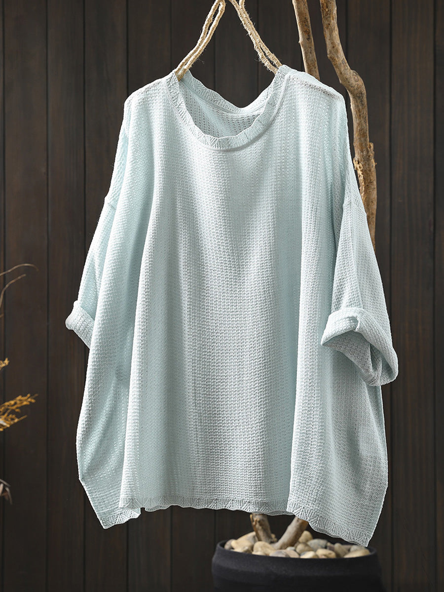 Women Summer Artsy Pure Color Knitted O-Neck Shirt