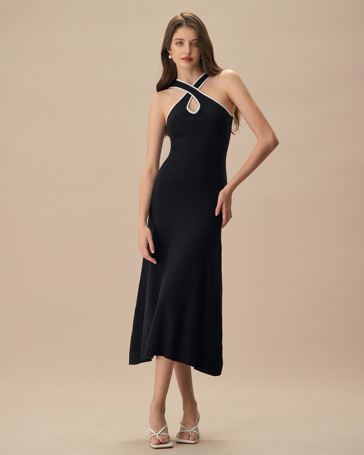 The Black Cut-Out Contrast Knit Midi Dress