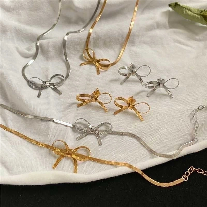 Vintage Style Minimalist Solid Color Bow Knot 304 Stainless Steel 18K Gold Plated Plating Stainless Steel Necklaces