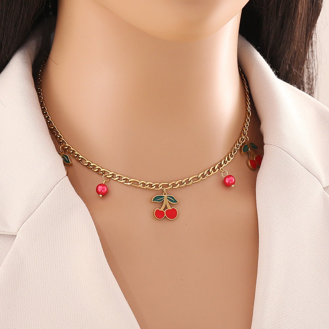 Cute Cherry Pendant Necklace Fashion Stainless Steel Double Chain