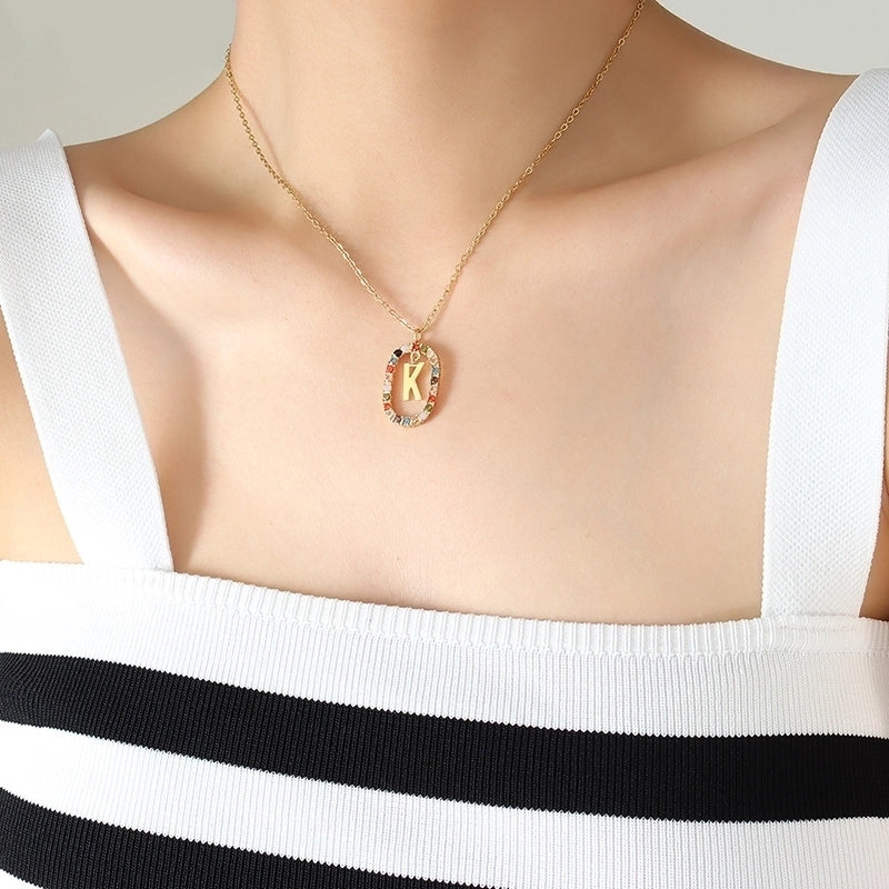 INS Style Letter Oval Titanium Steel Zircon 18K Gold Plated Inlay Necklace