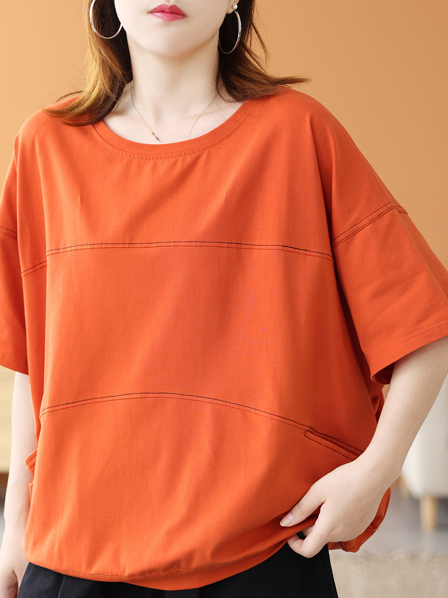 Women Summer Casual Cotton Pure Color Spliced O-Neck Shirt