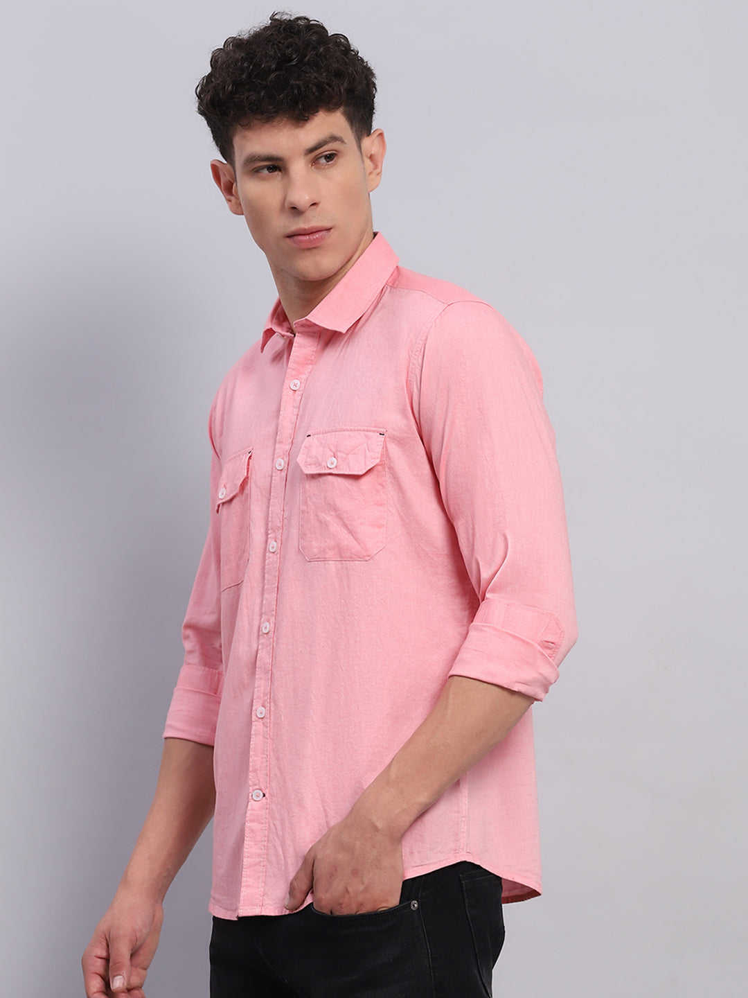 Men Pink Solid Collar Full Sleeve Shirt