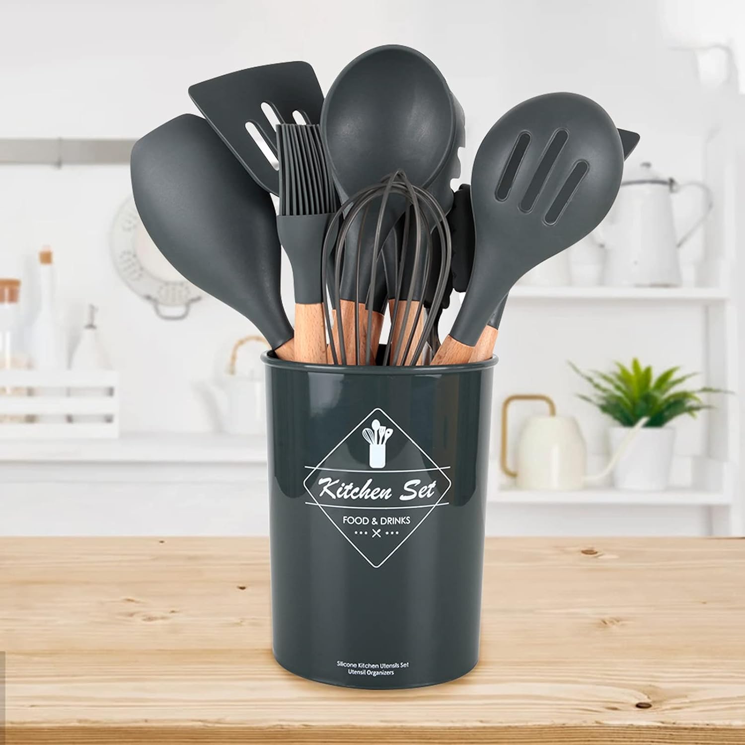 12 Pcs Non - Stick Heat Resistant Kitchen Utensils Spatula Set With Wooden Handle And Storage Cup