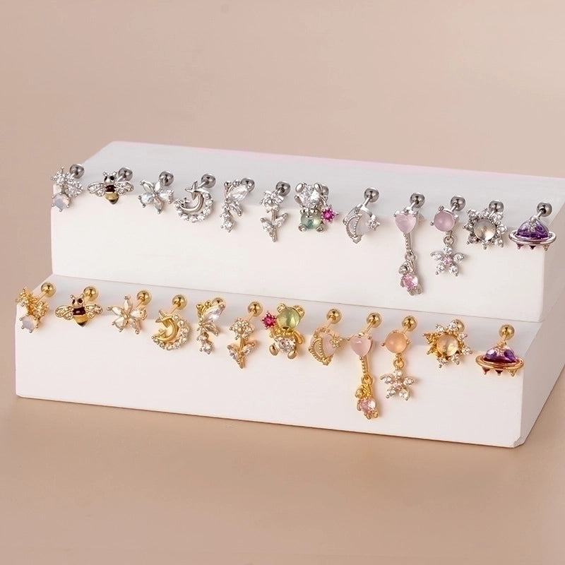 Ear Cartilage Rings & Studs Fashion Heart Shape Flower Copper Plating Rhinestones