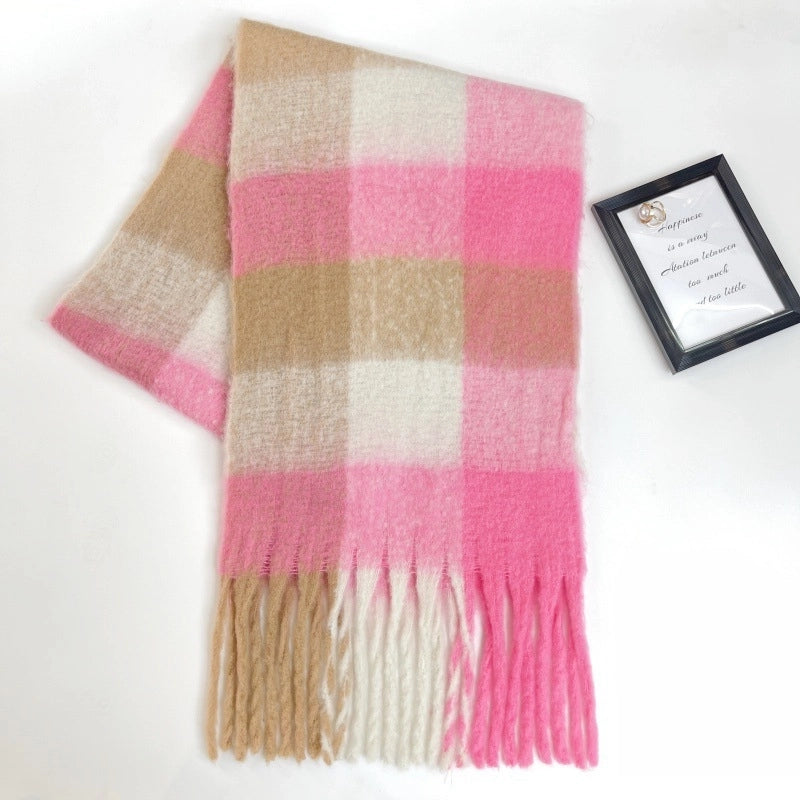Rainbow Plaid Tassel Scarf For Women Autumn And Winter Famous Color Matching Cashmere Mohair Shawl Thickened Scarf