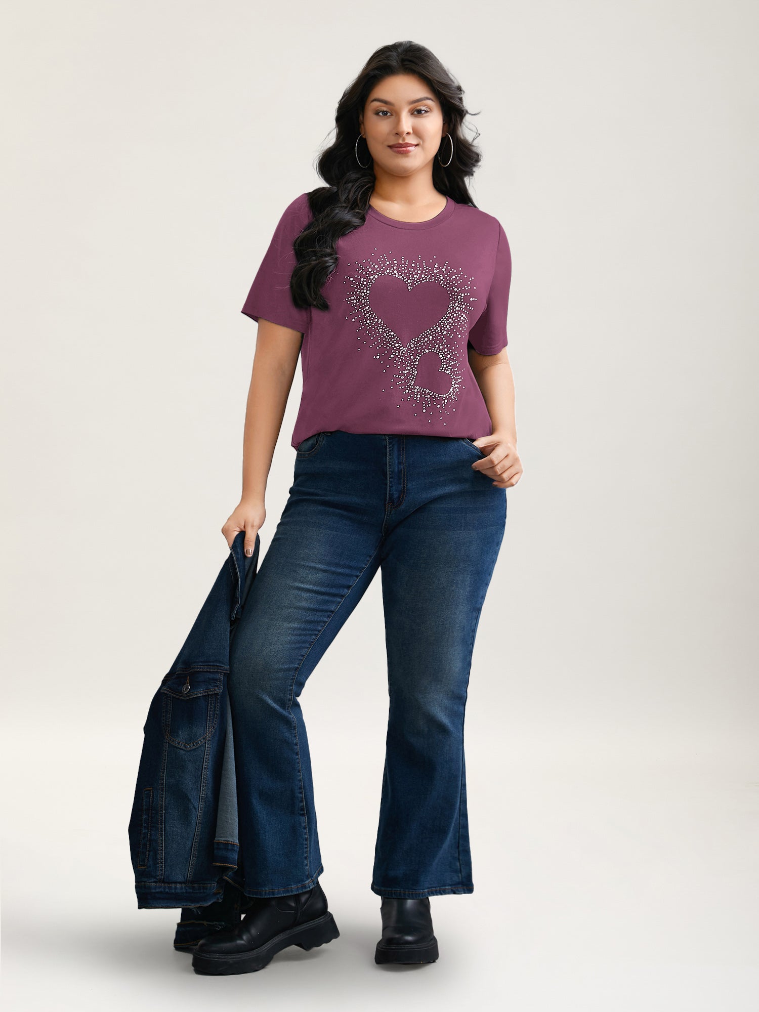 Crew Neck Rhinestone Heart T-Shirt