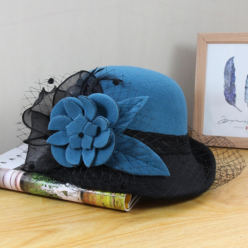 Wool Hat Women's Autumn And Winter  Vintage Basin Hat Hepburn Mesh Flower Curled Top Hat