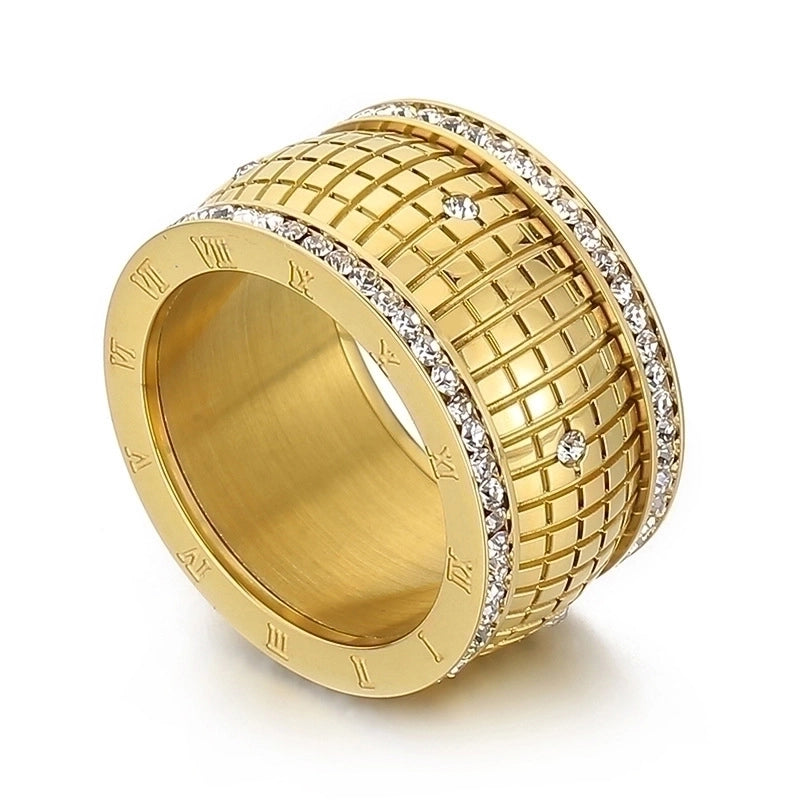 Lady Roman Numeral Titanium Steel Rhinestones 18K Gold Plated Inlay Rings