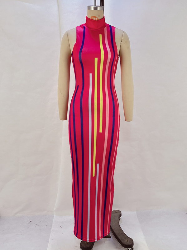 Bodycon High Waisted Contrast Color Printed High Neck Midi Dresses