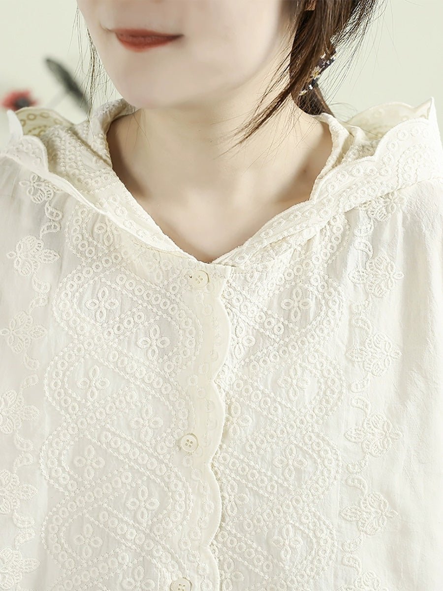 Women Summer Artsy Embroidery Hooded 100%Cotton Shirt