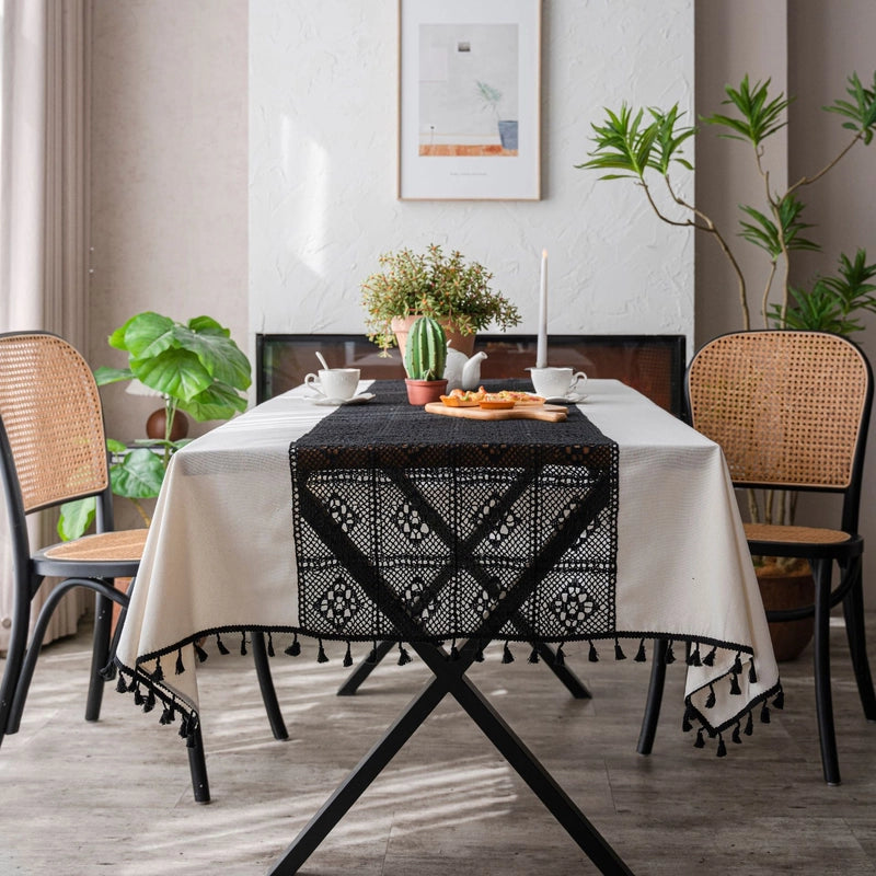 Yiqiqiyun Tablecloth White Plain Contrast Color Hollow Stitching Small Fresh Table Cloth Restaurant Tablecloth