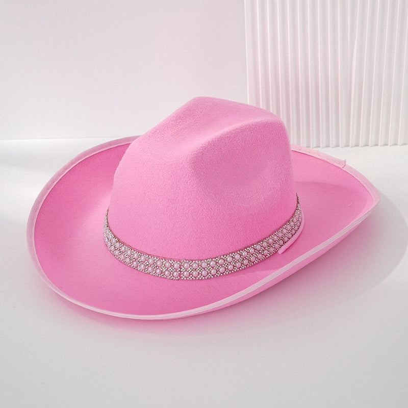 Explosions Solid Color Double Row Pearl Decorated Rhinestone Cowboy Hat. Bosnian Style Party Wear