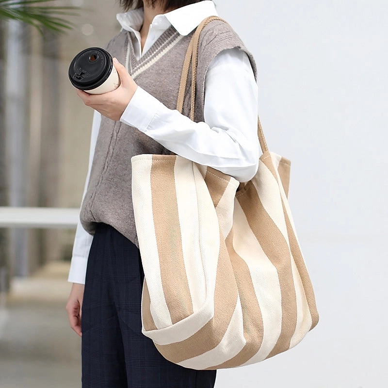 Women's Large Canvas Stripe Basic Classic Style Open Canvas Bag