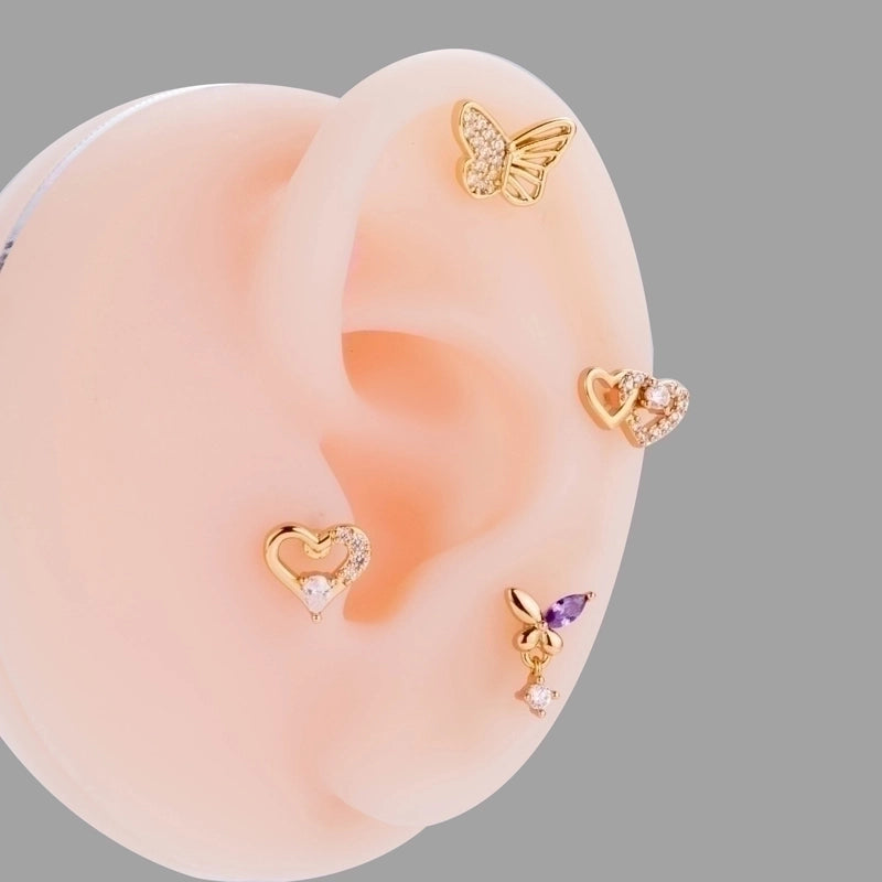 1 Piece Ear Cartilage Rings & Studs Korean Style Heart Shape Butterfly Copper Plating Inlay Zircon