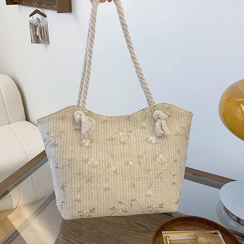 Women's Large Straw Solid Color Basic Classic Style Zipper Straw Bag