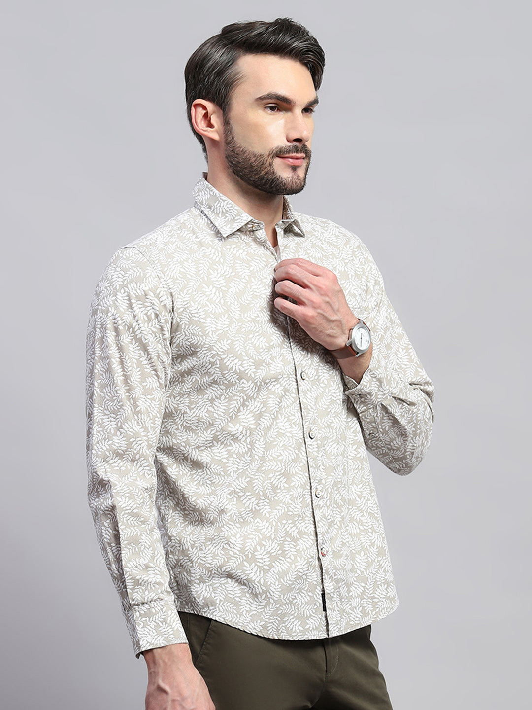 Men Brown Printed Collar Full Sleeve Shirt