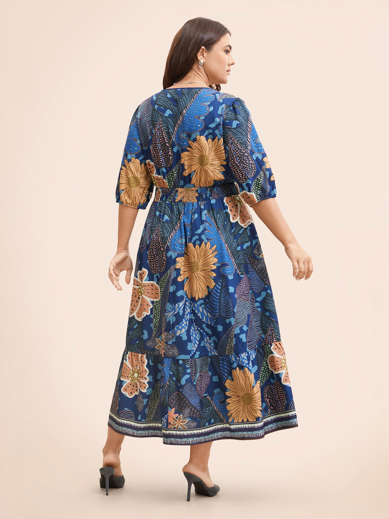 Floral Shirred Lantern Sleeve Midi Dress