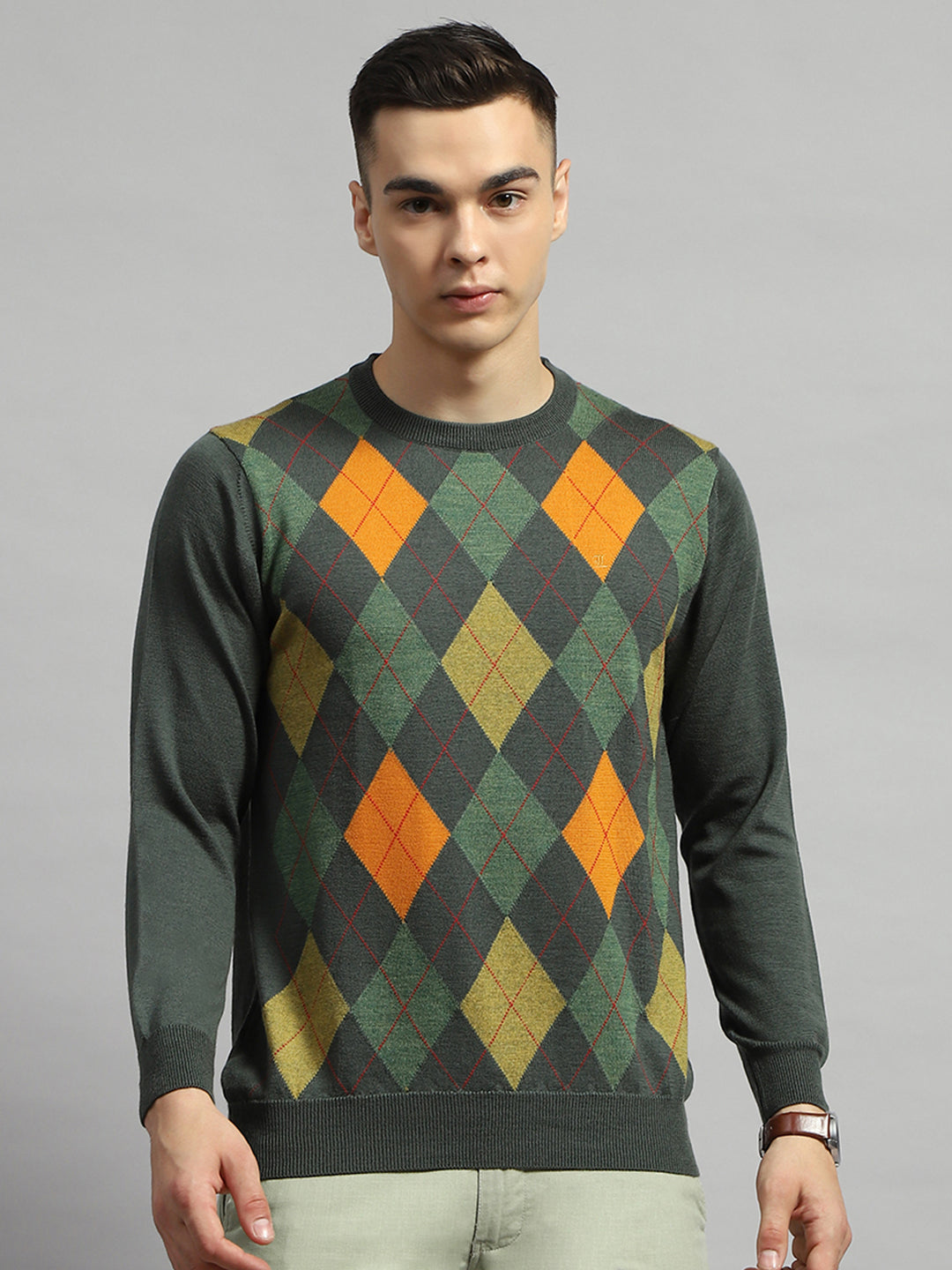 Men Green Geometric Round Neck Full Sleeve Pullover