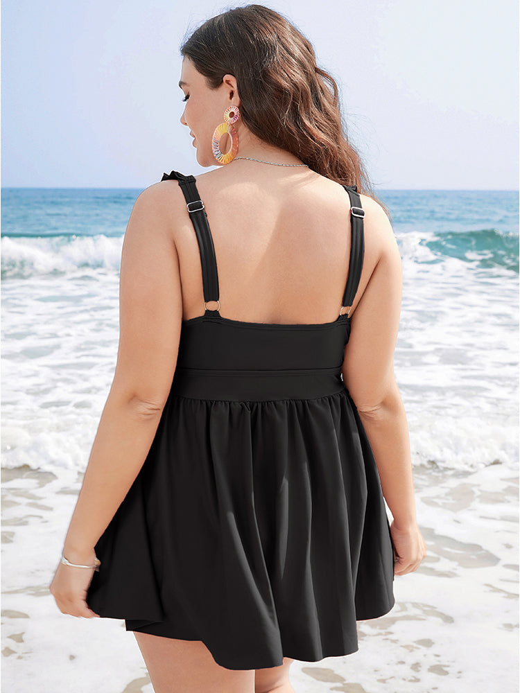 Ruffle Trim Adjustable Straps Gathered Sculpt Waist Swim Dress