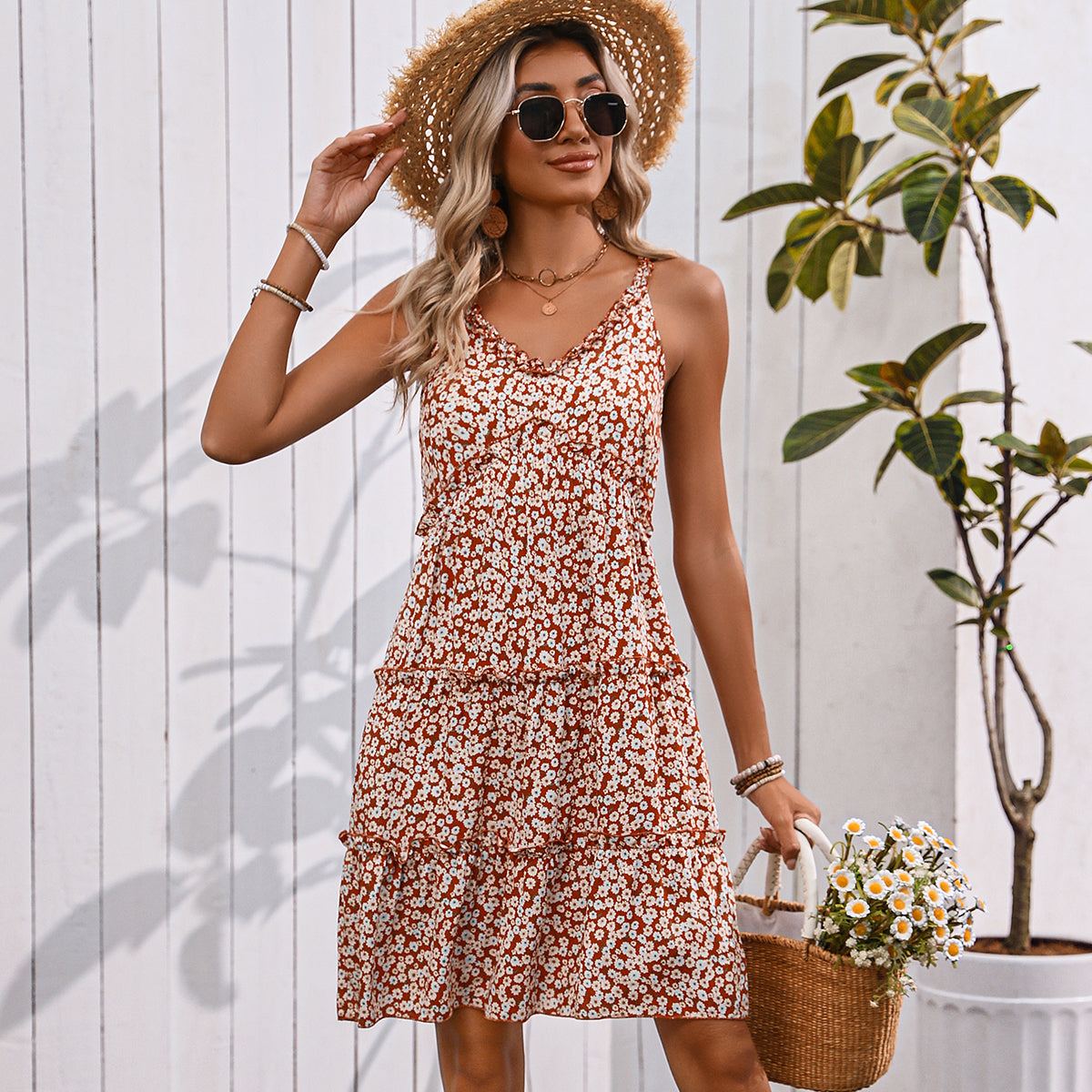 V Neck Floral Print Frill Sleeveless Mini Dress