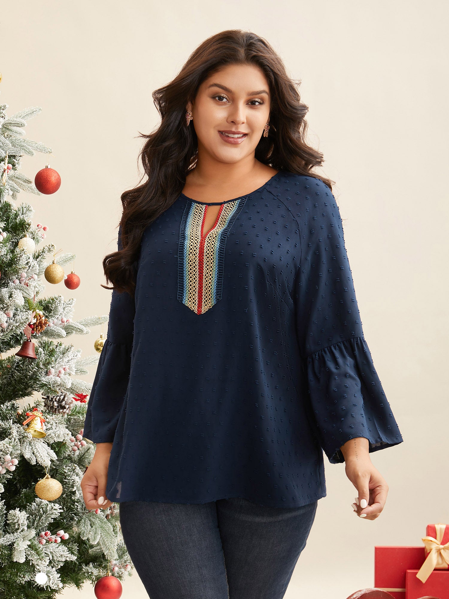 Textured  Embroidered Neckline A-Line Blouse