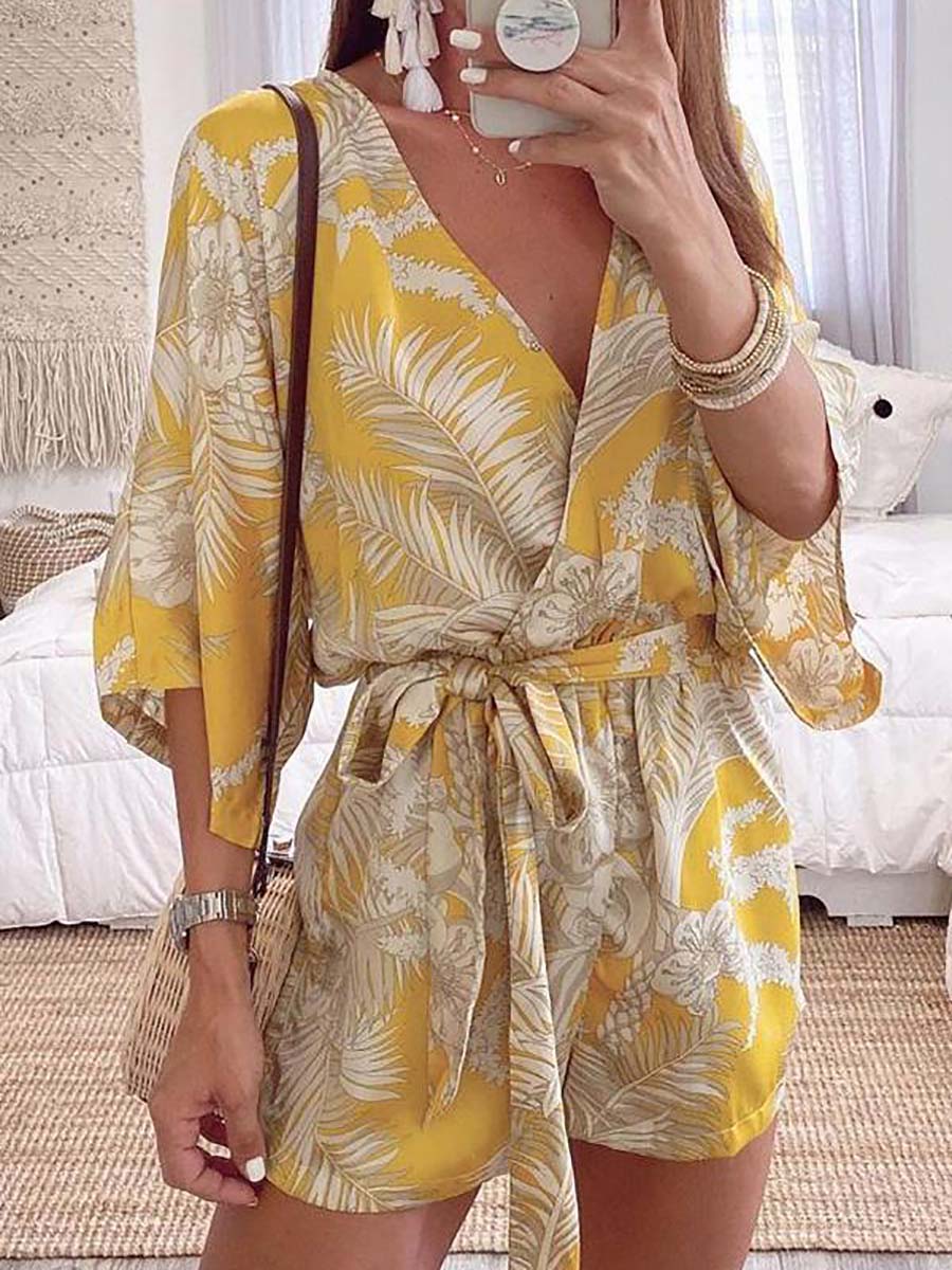 Plant Print Bat Sleeve Kimono Romper