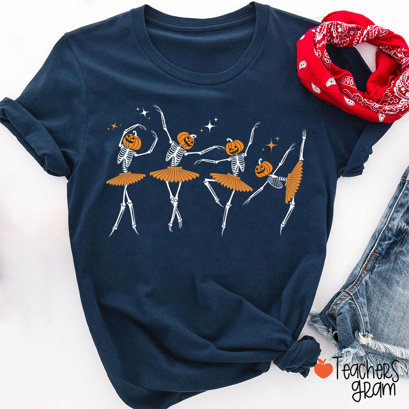 Dancing Pumpkin Skeleton Teacher T-Shirt