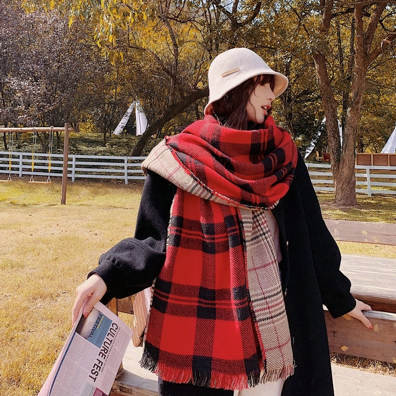 Dongdaemun New Plaid Scarf Autumn And Winter Good Wear Warm Cashmere Double-Sided Shawl College Style Women's Shawl Women