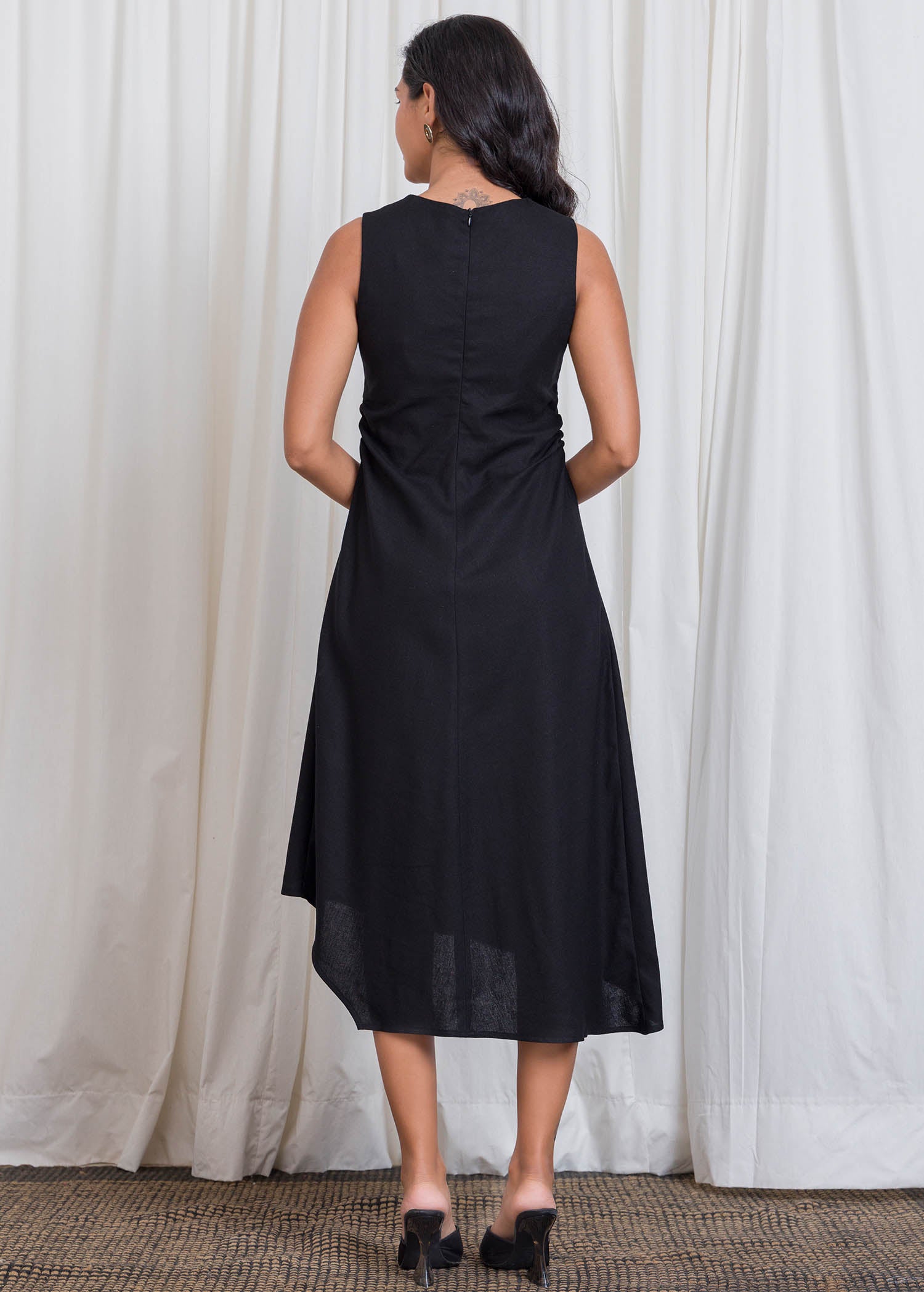 Uneven Hem Midi Dress With Side Ruched Detail