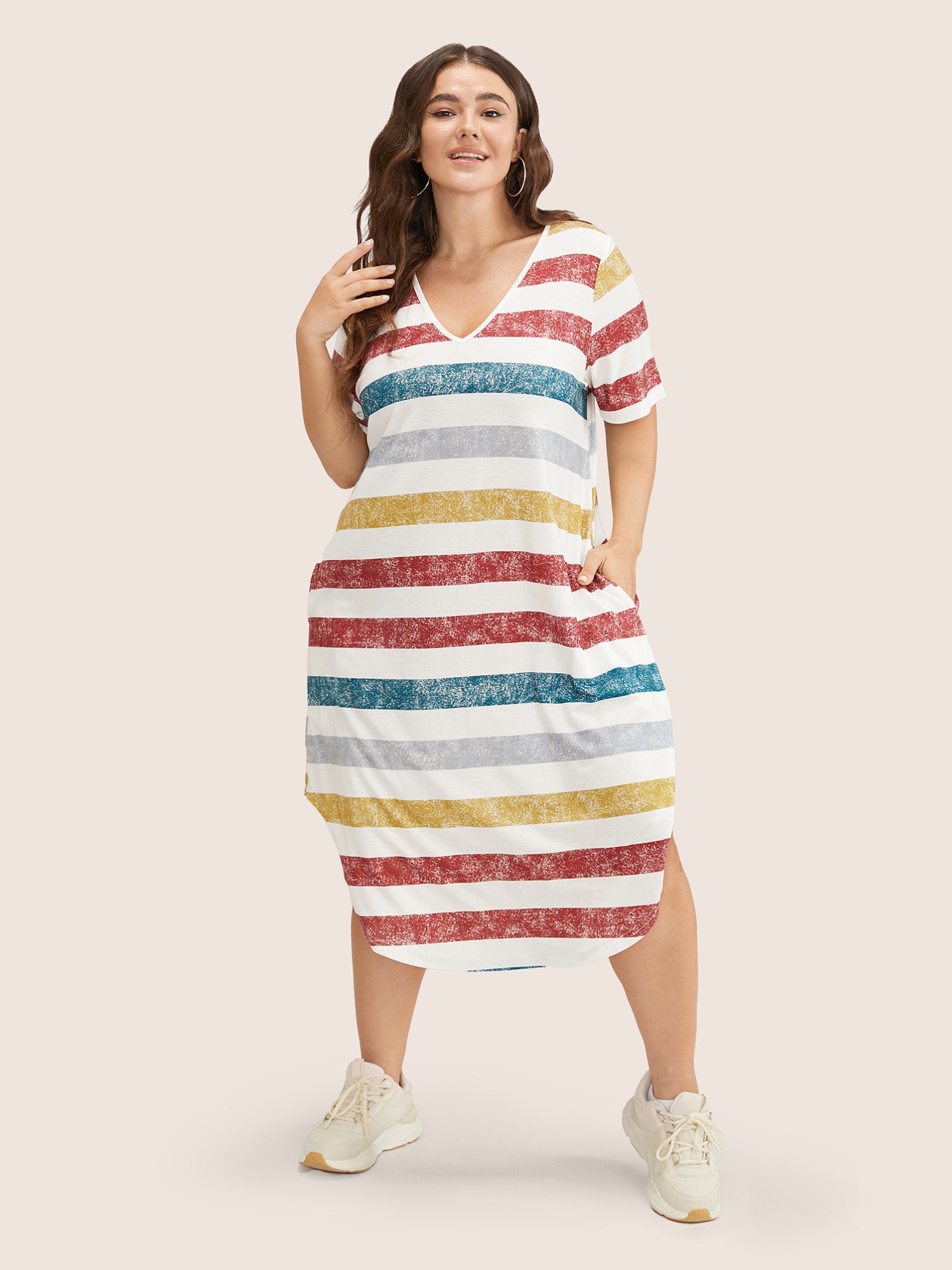 Striped Contrast Arc Hem V Neck Pocket Dress