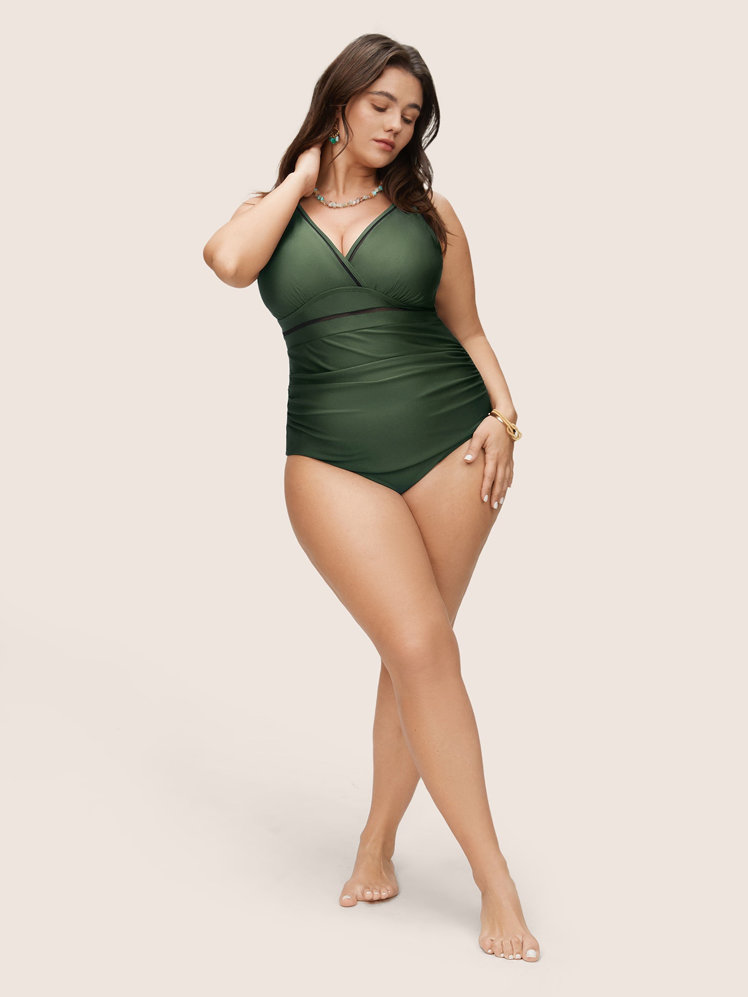 Solid Adjustable Straps Gathered One Piece Swimsuit